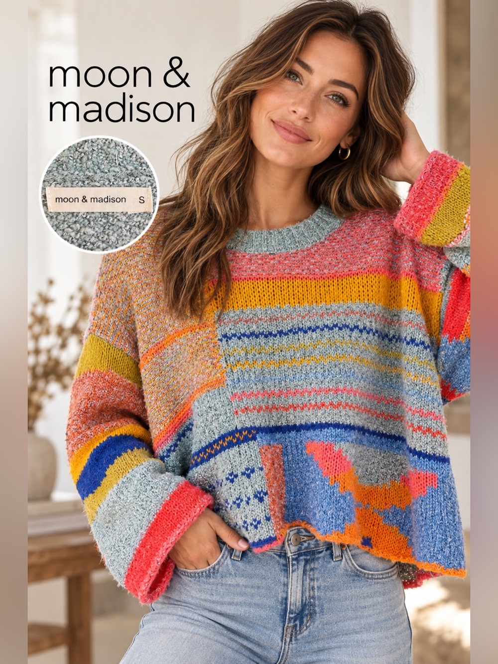 moon & madison Multi-Color Patchwork Crewneck Sweater - Coral, Mustard, Sky Blue